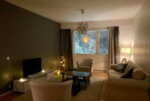 a living room with a couch and a window at Upea 2 makuuhuoneen huoneisto lähellä lentokenttää! in Vantaa