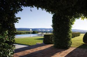 uma arcada de cobertura com uma piscina ao fundo em Villa Bucher Winery em San Venanzo