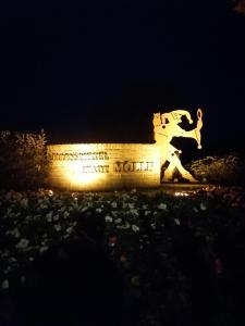 Una estatua de un hombre lanzando una pelota por la noche en SeidenStrasse Pension, en Mölln