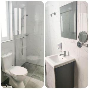 two pictures of a bathroom with a toilet and a sink at BRAND NEW holiday accommodation in Xewkija
