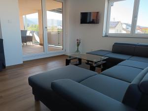 a living room with two blue couches and a table at Weinrebenblick in Maikammer