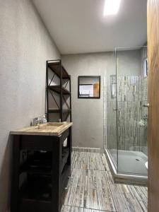 ein Badezimmer mit einer Dusche, einem Waschbecken und einer Badewanne in der Unterkunft Casa Quinta La Tranquera in La Reja