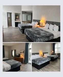 two pictures of a hotel room with two beds at Riveredge Resort Hotel in Alexandria Bay