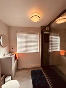 a bathroom with a shower and a sink at Modern Apartment Central Woodstock with Parking in Woodstock