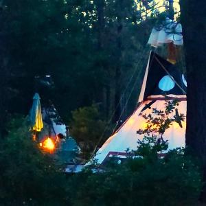a tent with a fire in a forest at night at Ravens Myth - Luxury Glamping - Sleeps 2 