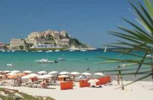 a beach with umbrellas and people on the beach at LE PAILLER 2P et 3 enfants sous le tipi in Calvi