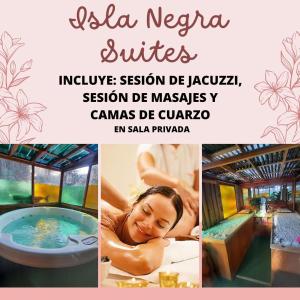 un collage de fotos con una mujer en un jacuzzi en FULL SPA ISLA NEGRA Suites, en Isla Negra