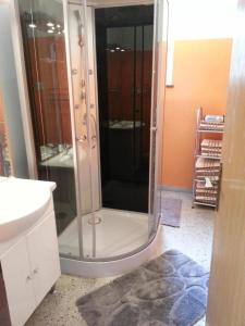 a bathroom with a shower with a glass door at Ferienhaus in ruhiger Lage am Waldrand in Navis