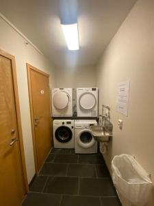 une petite salle de bains avec un lave-linge et un lavabo dans l'établissement Dinbnb Apartments I Roof Terrace & Laundry in Sandviken, à Bergen