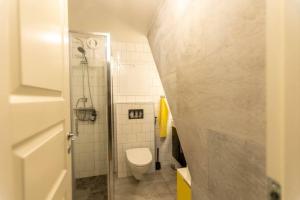 a small bathroom with a toilet and a shower at Dinbnb Homes I Cozy Cellar Apartment in Historical Cobblestone Street" in Bergen
