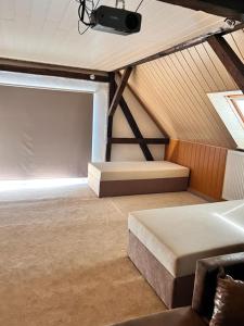 a large room with a bed and a tv on the ceiling at Ferienhaus Herztor in Bad Bibra