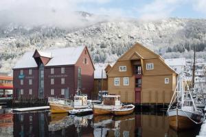 卑爾根的住宿－Dinbnb Apartments I Top-Modern Apartment in Historical Sandviken，一群船停靠在码头
