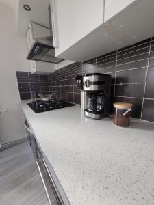 eine Küche mit schwarzen und weißen Fliesen und einer Arbeitsplatte in der Unterkunft Studio lit double. in Gréoux-les-Bains