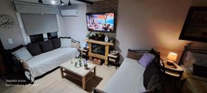 a living room with a couch and a tv at Zoe garden home in Spáta