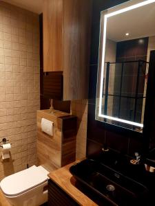 La salle de bains est pourvue de toilettes, d'un lavabo et d'un miroir. dans l'établissement Apartman - Jaksa, à Bar