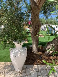 a large white vase sitting next to a tree at Tenuta Serena Apartments in Molfetta