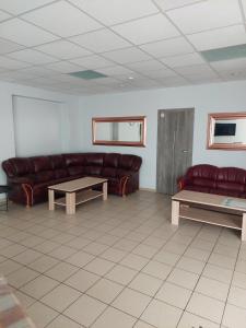 ein Wohnzimmer mit braunen Ledersofas und Tischen in der Unterkunft Pigus apgyvendinimas Palangoje in Palanga