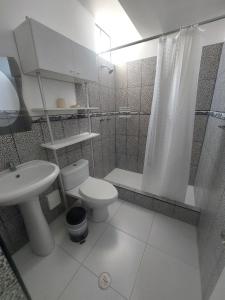 y baño con aseo, lavabo y ducha. en R. A. C. S., en Paracas