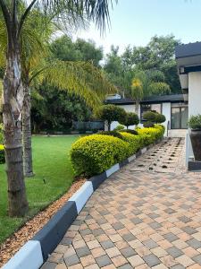 a brick walkway with a palm tree and a building at Bridgelamour Guest House in Hartbeespoort
