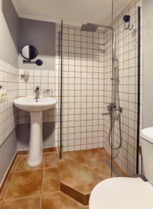 W łazience znajduje się umywalka i prysznic. w obiekcie Salve w mieście Tbilisi City