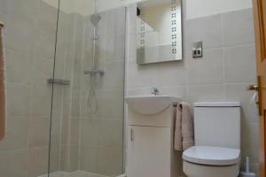 a bathroom with a shower and a toilet and a sink at LetAway - Ingleborough View at Ashes Farm in Settle