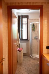 a bathroom with a shower and a toilet and a sink at Villa Schatz con Piscina privata in Settala