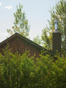 un bâtiment en bois avec une cheminée au-dessus des arbres dans l'établissement Chalet 8, à Val-David