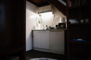 een kleine keuken met witte kasten en een wastafel bij Beer and caffe apartment in Subotica