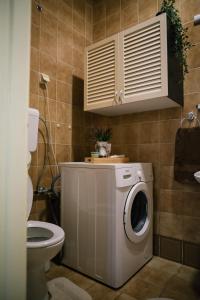 een badkamer met een wasmachine en een toilet bij Beer and caffe apartment in Subotica