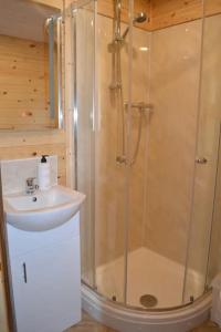 a bathroom with a shower and a sink at LetAway - The Warren Lodge at Ashes Farm in Settle