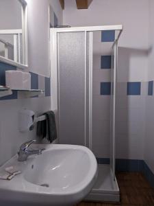 La salle de bains est pourvue d'un lavabo blanc et d'une douche. dans l'établissement Rifugio Aleve, à Castello