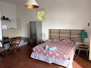 a bedroom with a bed and a table and a kitchen at Studio à 80 mètres de la plage du Diamant in Le Diamant