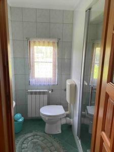 a small bathroom with a toilet and a window at Domki u Marii- agroturystyka in Bańska Niżna