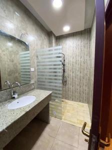 La salle de bains est pourvue d'un lavabo et d'une douche. dans l'établissement Cozy Stylish Studio with workspace, à Assouan