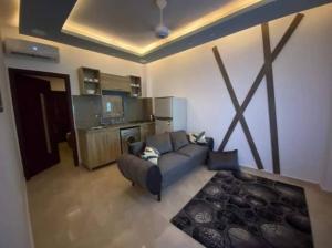 Il comprend un salon avec un canapé et une cuisine. dans l'établissement Cozy Stylish Studio with workspace, à Assouan