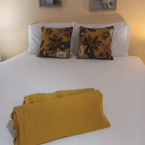 a white bed with two pillows on top of it at Appartement "grand Hibiscus" jardin privé in Le Lamentin