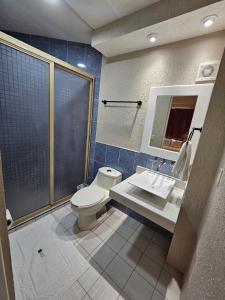 y baño con aseo, lavabo y ducha. en Hotel Punto Poza Rica, en Poza Rica de Hidalgo