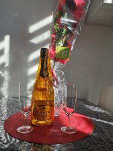 Una botella de vino y dos copas en una mesa. en Coquet 2 pièces entièrement rénové et climatisé, en Cannes