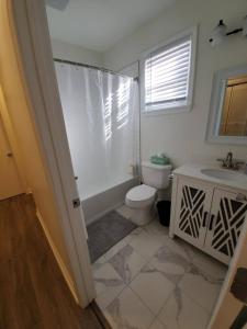 a bathroom with a toilet and a sink at Lakewoodlyon Park Renovated Cottage Near Duke 26b in Durham
