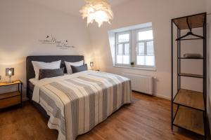 a bedroom with a bed and a window and a chandelier at Goethe Palais Suite Zauberlehrling 4P l Lift l Parkplatz in Aue
