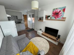 a living room with a couch and a flat screen tv at Studio in Reading 
