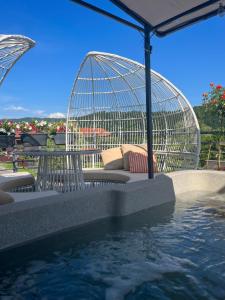 a bird cage sitting next to a pool of water at H49 Jacuzzi Penthouse-Adults only in Sovata