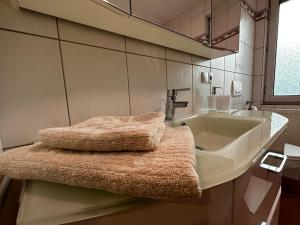 La salle de bains est pourvue d'un lavabo et de serviettes sur un comptoir. dans l'établissement Giulia Ferienwohnung - Zentral, à Tuttlingen
