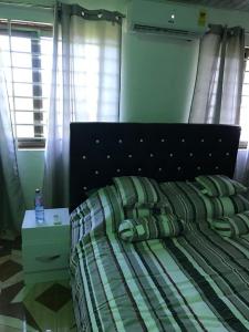 1 dormitorio con 1 cama con edredón verde y blanco en Holly House, en Accra