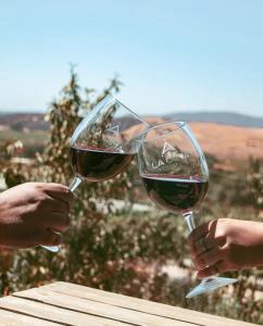 two people are holding up glasses of wine at La Cima del Valle in Valle de Guadalupe