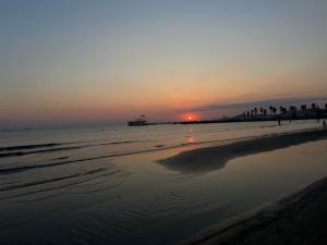 um pôr-do-sol numa praia com palmeiras e o oceano em Green Garden Villa em Durrës