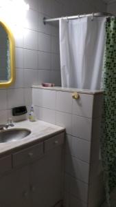uma casa de banho com um lavatório e uma cortina de chuveiro em Nono Angelo Primero em San Pedro