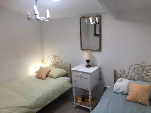 a bedroom with two beds and a mirror at Gîte des Tournesols in Oradour-Fanais