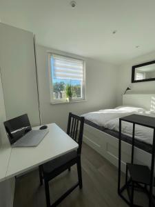 a bedroom with a bed and a desk with a laptop at Ferienhaus Seekoje in Neustadt-Glewe