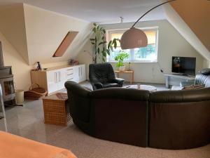 un soggiorno con un divano in pelle e una TV di Idyllische Ferienwohnung a Wittenburg
